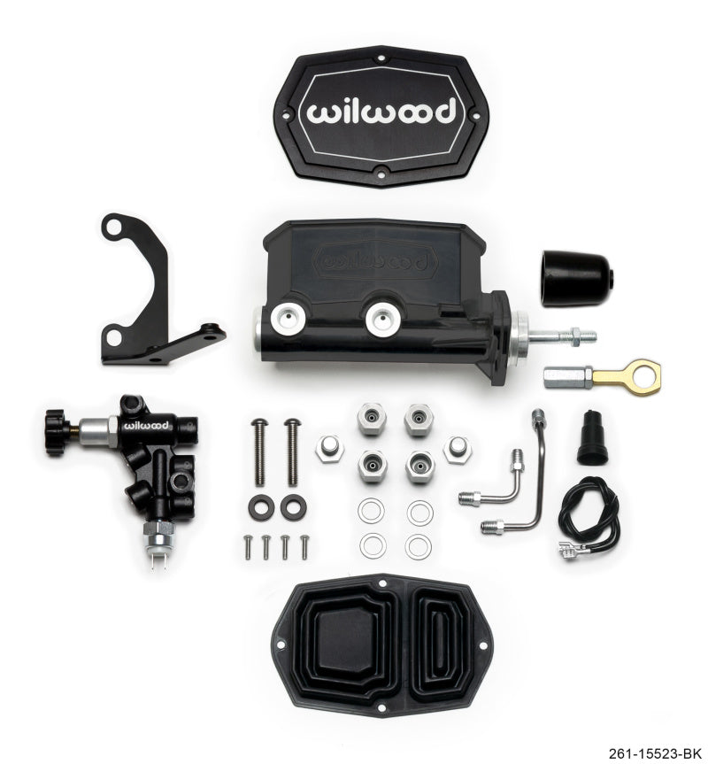Wilwood 261-15523-BK Compact Tandem M/C - 15/16in Bore w/Bracket and Valve fits Mustang (Pushrod) - Black