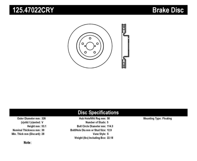 Stoptech 125.47022CRY 05-07 Subaru Impreza WRX Sti Front High Carbon CRYO-STOP Rotor