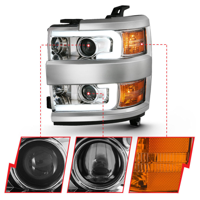 ANZO 111360 2015-2016 Chevrolet Silverado Projector Headlights w/ Plank Style Design Chrome w/ Amber