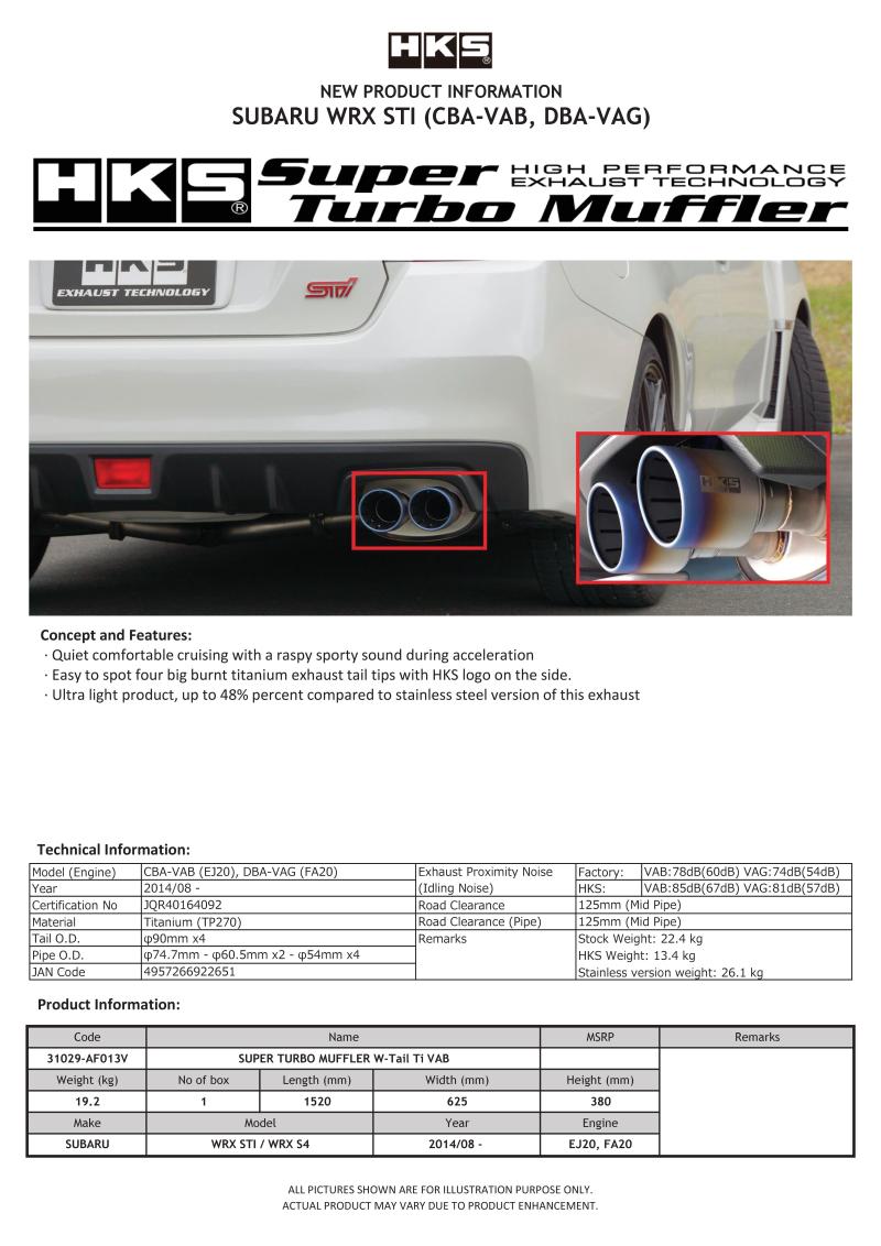 HKS 31029-AF013V SUPER TURBO MUFFLER Ti Subaru VAB WRX STI/VAG WRX S4