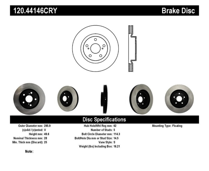 Stoptech 120.44146CRY 07 Lexus ES350 / 09 Pontiac Vibe / 09 Toyota Matrix Front CRYO-STOP Brake Rotor