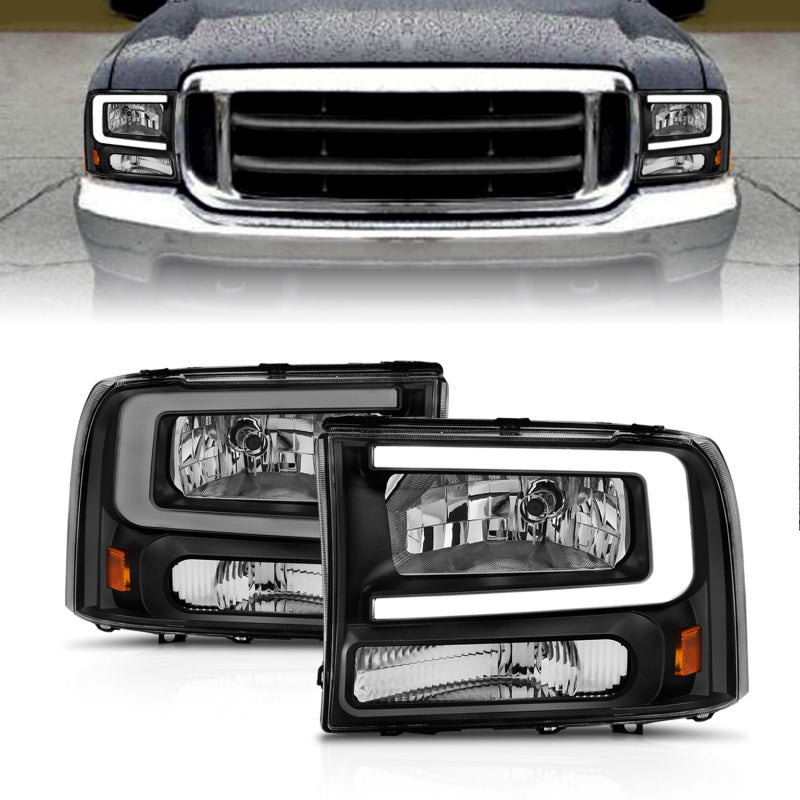 ANZO 111549 99-04 Ford F250/F350/F450/Excursion (excl. 99) Crystal Headlights - w/ Light Bar Black Housing
