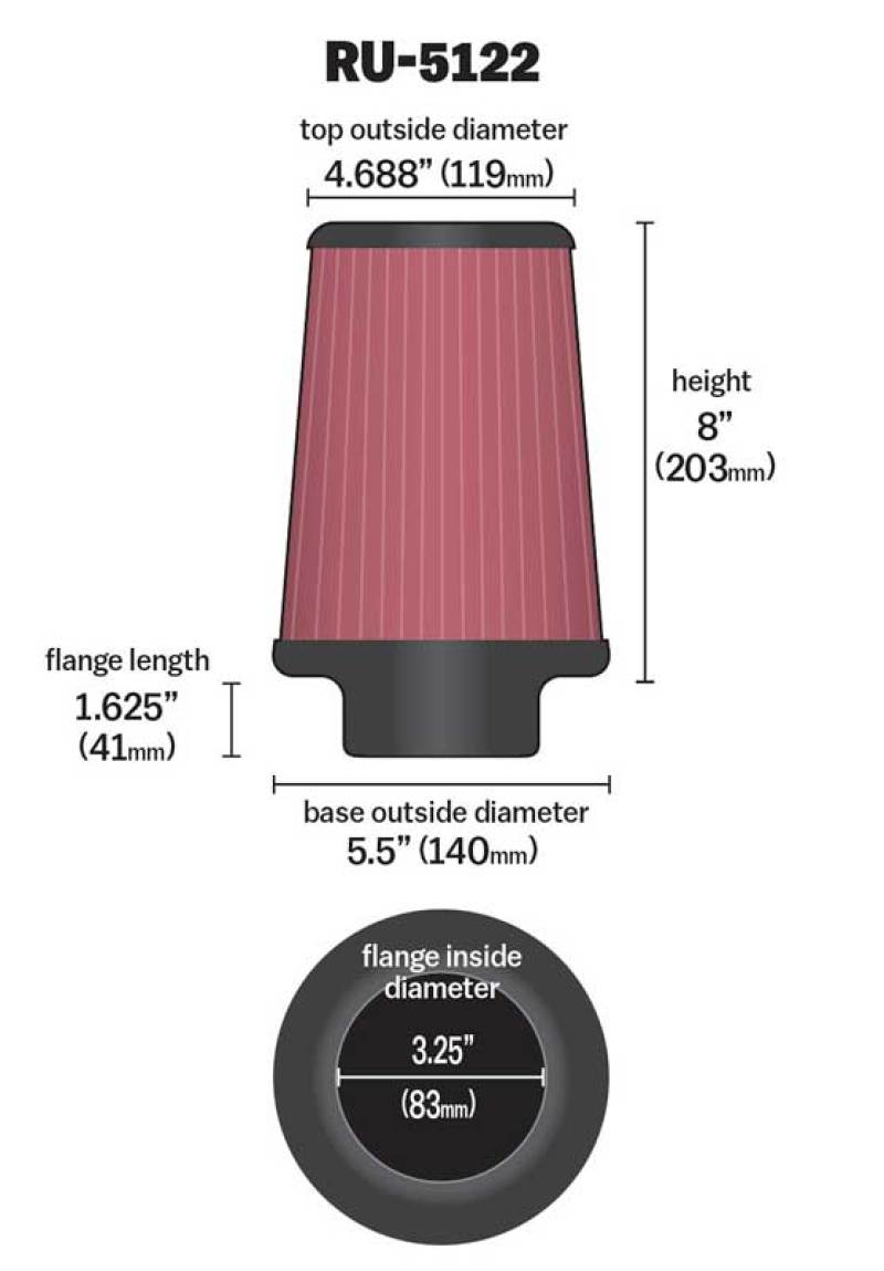 K&N Engineering RU-5122 K&N Filter Universal Rubber Filter 3.25 Flange 5.5 Base 4.6875 Top 8 Height