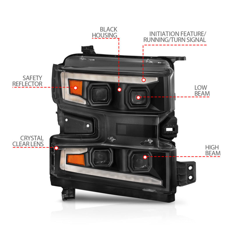 ANZO 111566-R 19-22 Chevrolet Silverado 1500 LED Proj HL w/Lgt Bar SwBk Seq. Blk w/In. Light - Passenger Side