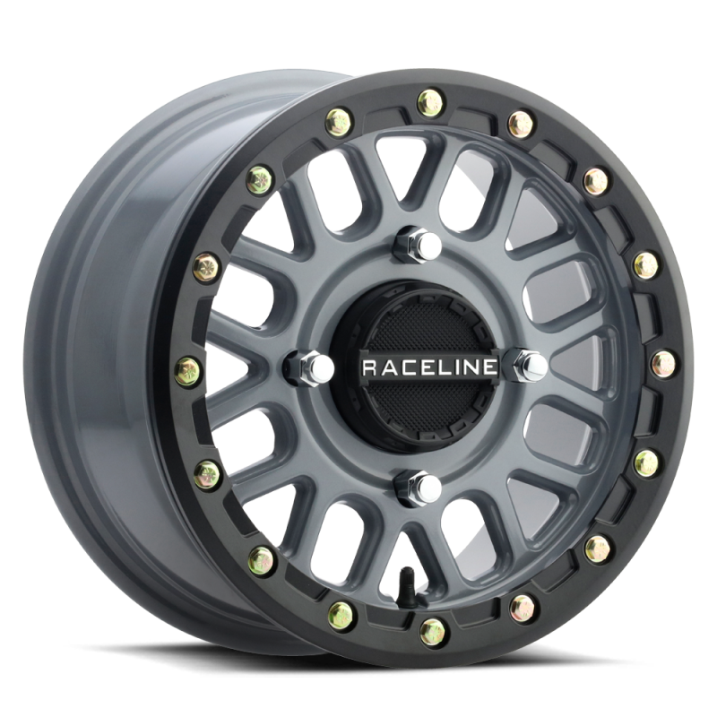 Raceline A93SG-56037+40 A93SG Podium 15x6in/4x137 BP/40mm Offset/110.18mm Bore - Grey & Black Ring Beadlock Wheel