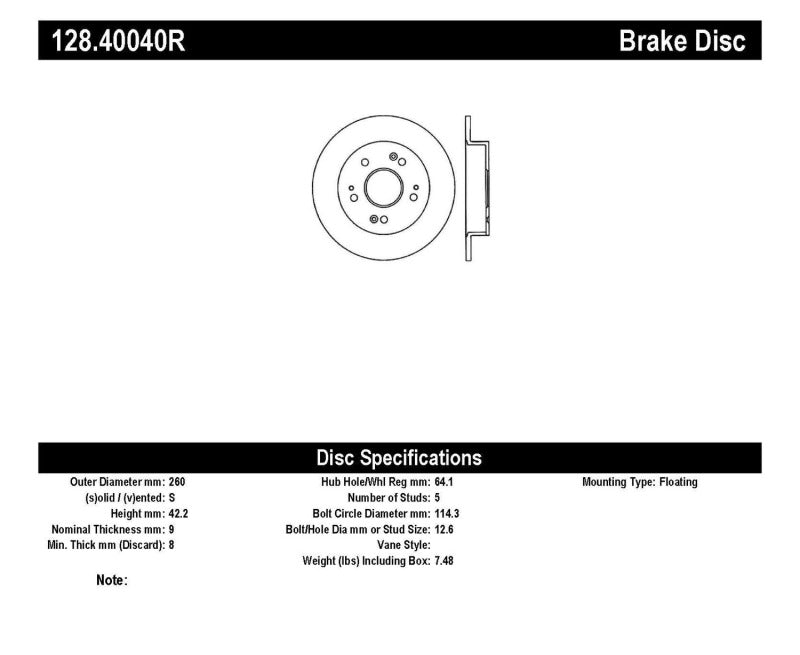 Stoptech 128.40040R StopTech 06-07 Acura CSX (Canada) / 06-09 Honda Civic / 97-01 Prelude Drilled Right Rear Rotor