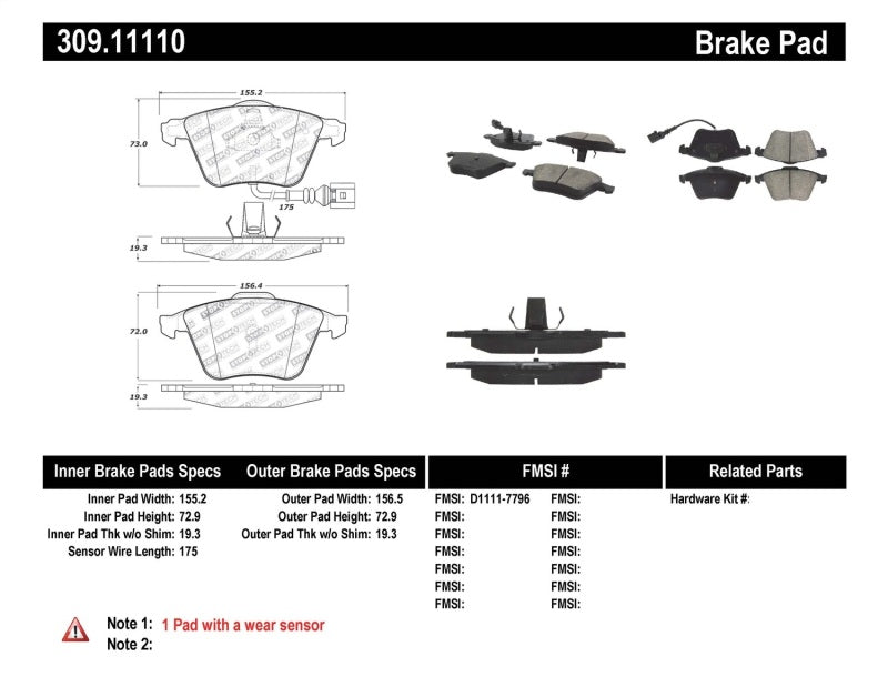 Stoptech 309.11110 StopTech Performance 08-13 Audi TT Quattro / 12 VW Golf R Front Brake Pads