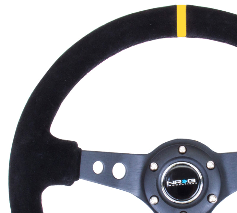 NRG RST-006S-Y Reinforced Steering Wheel (350mm / 3in. Deep) Blk Suede w/Circle Cut Spokes & Single Yellow CM