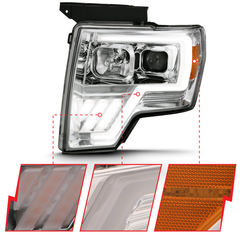 ANZO 111470 2009-2013 Ford F-150 Projector Light Bar G4 Switchback Headlights Chrome Amber