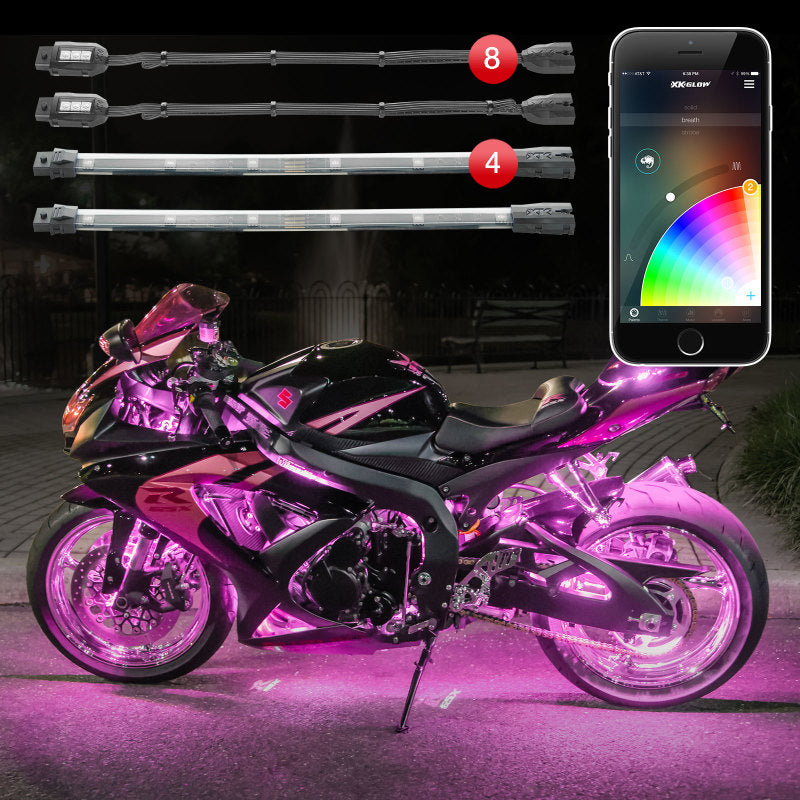 XKGLOW KS-MOTO-STANDARD XK Glow Strip Million Color XKCHROME Smartphone App ATV/Motorcycle LED Light Kit 8xPod + 4x10In
