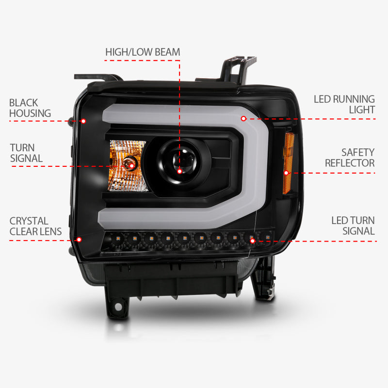 ANZO 111513 2014-2015 GMC Sierra 1500 Projector Headlights w/ Light Bar Black Housing (Halogen Type)