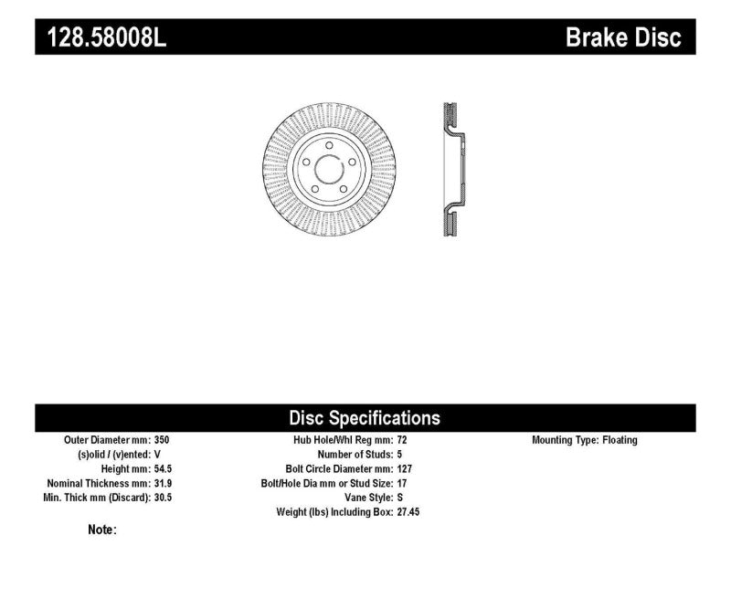 Stoptech 128.58008L StopTech Drilled Sport Brake Rotor 11-17 Jeep Grand Cherokee (Excluding SRT8)