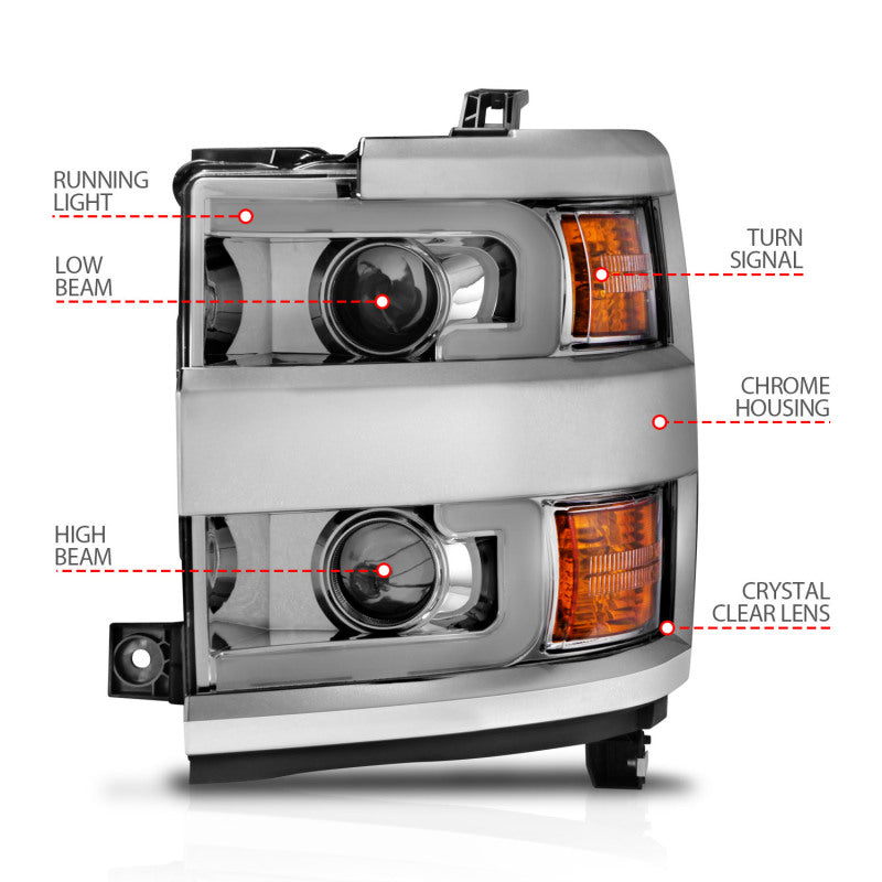 ANZO 111366 Projector Headlights 15-17 Chevrolet Silverado 2500HD / 3500HD Chrome w/ Chrome Rim