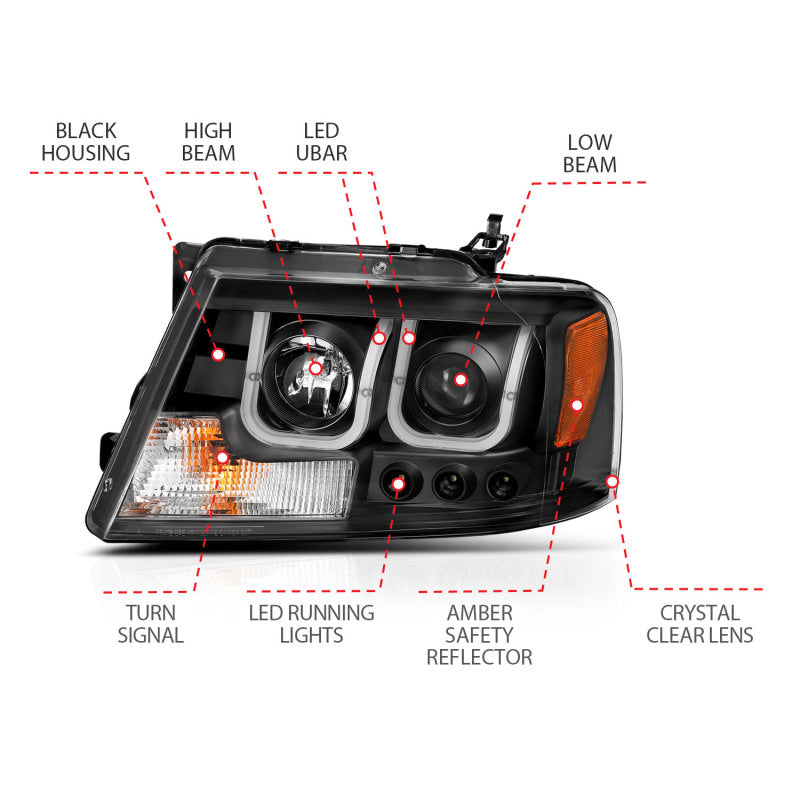 ANZO 111288 2004-2008 Ford F-150 Projector Headlights w/ U-Bar Black