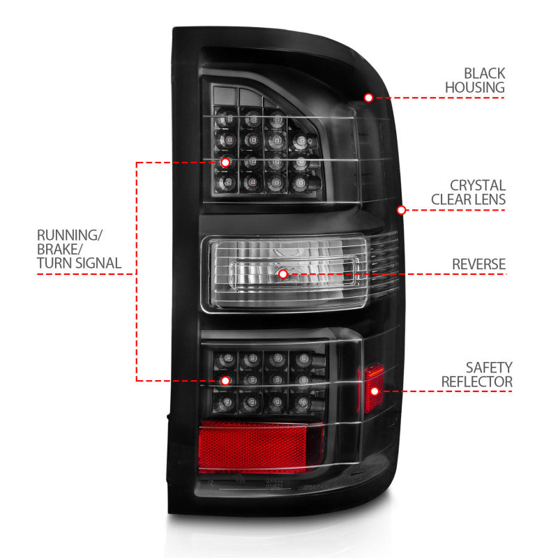 ANZO 311397 2014-2018 GMC Sierra LED Tail Lights Black Housing Clear Lens