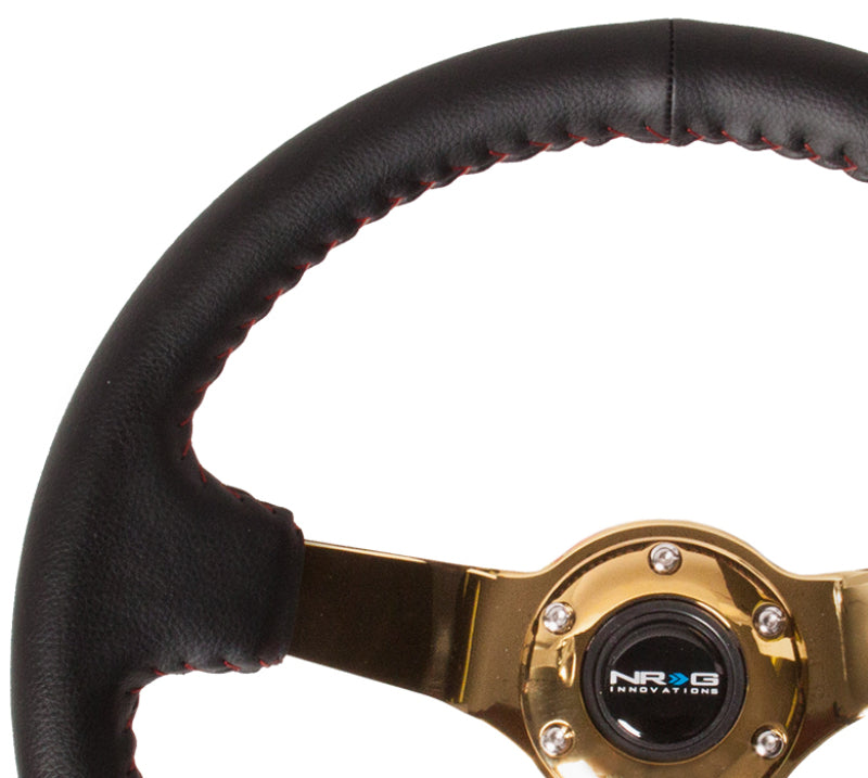 NRG RST-036GD Reinforced Steering Wheel (350mm / 3in. Deep) Blk Leather/Red BBall Stitch w/4mm Gold Spokes
