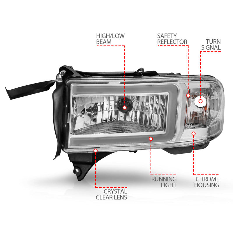 ANZO 111555 94-02 Dodge RAM Crystal Headlight - w/ Light Bar Chrome Housing