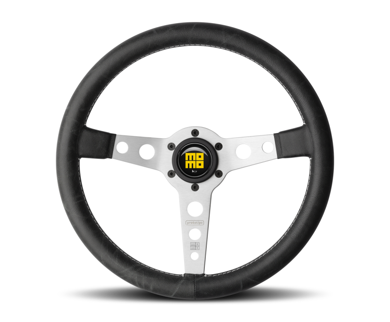 MOMO PRH35BK0S Momo Prototipo Steering Wheel 350 mm - Black Leather/White Stitch/Brshd Spokes