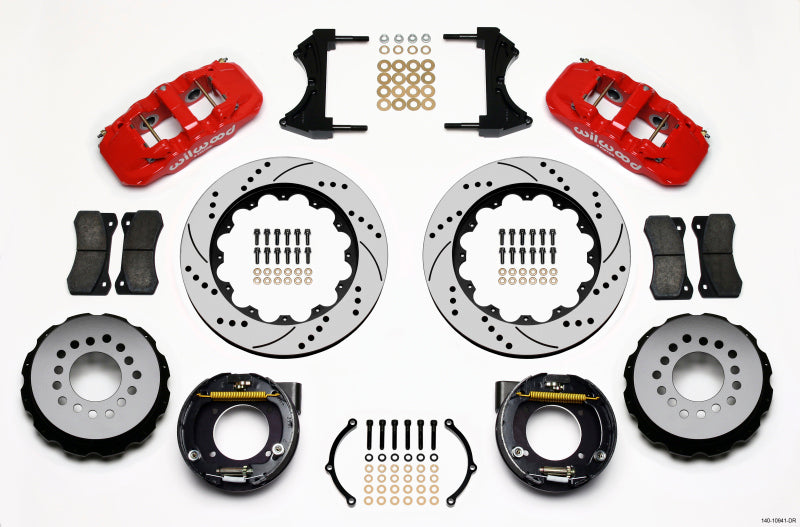 Wilwood 140-10941-DR AERO4 Rear P-Brake Kit 14.00in Drilled Red Chevy C-10 2.42 Offset 5-lug