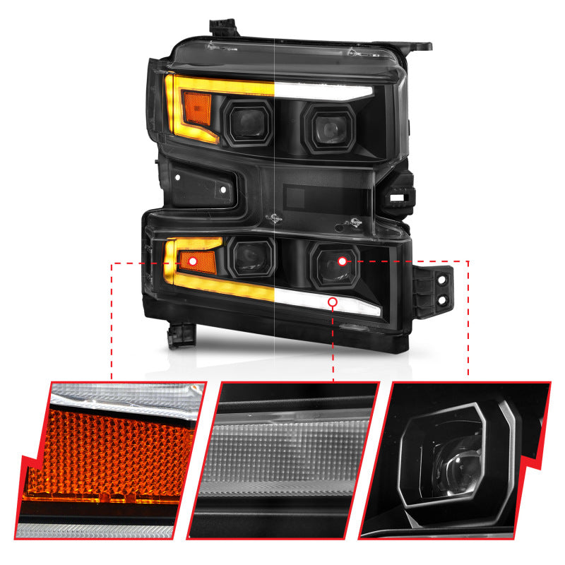 ANZO 111566-R 19-22 Chevrolet Silverado 1500 LED Proj HL w/Lgt Bar SwBk Seq. Blk w/In. Light - Passenger Side