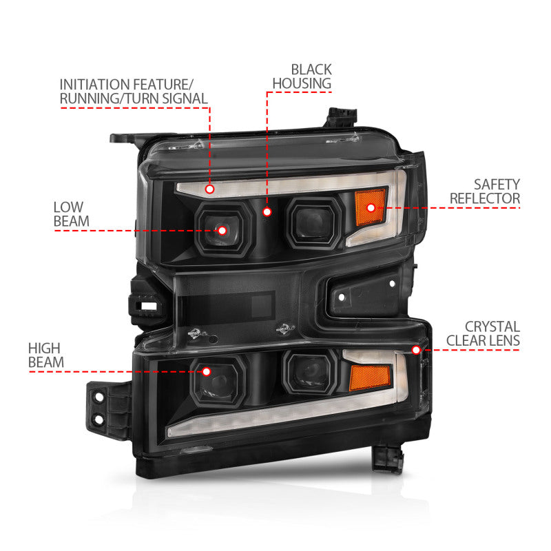ANZO 111566-L 19-22 Chevrolet Silverado 1500 LED Proj HL w/Lgt Bar SwBk Seq. Blk w/In. Light - Driver Side ON