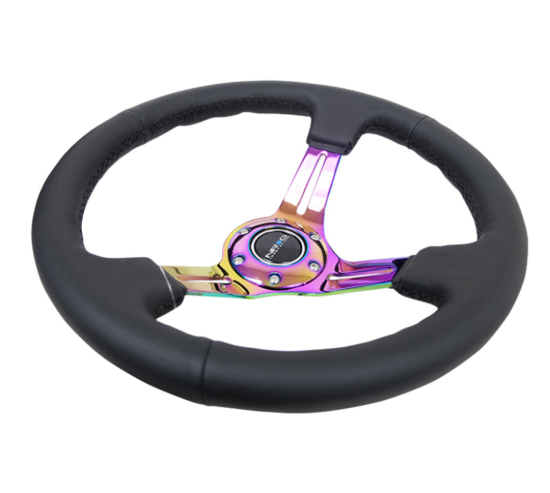 NRG RST-018R-MCBS Reinforced Steering Wheel (350mm / 3in. Deep) Blk Leather/Blk Stitch w/Neochrome Slits