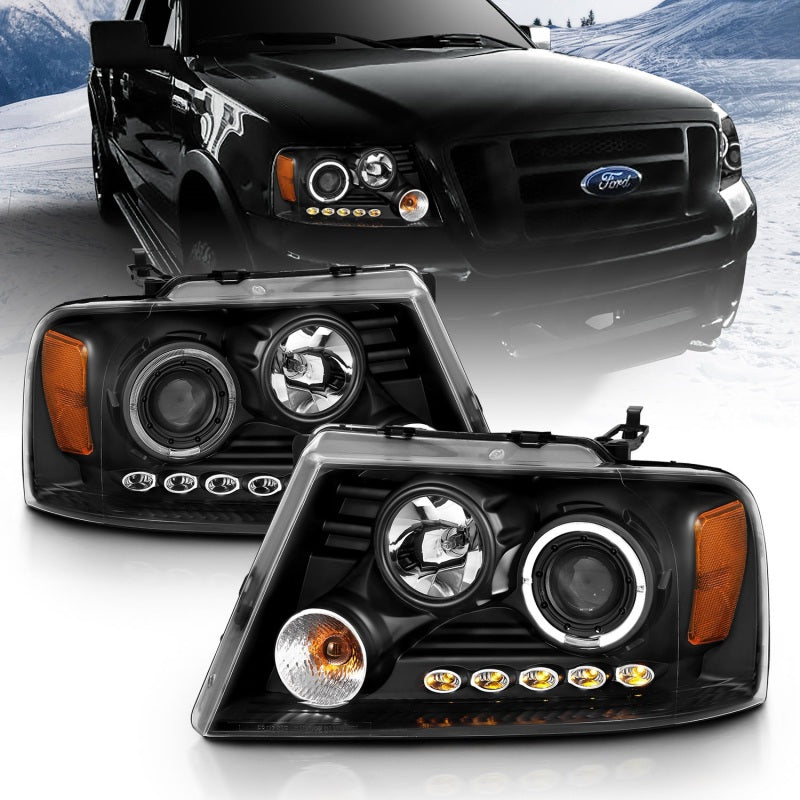 ANZO 111028 2004-2008 Ford F-150 Projector Headlights w/ Halo and LED Black