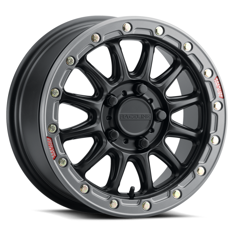 Raceline A14BG-51012+25 A14BG Alpha 15x10in/5x114.3 BP/25mm Offset/68mm Bore - Black & Gunmetal Ring Beadlock Wheel