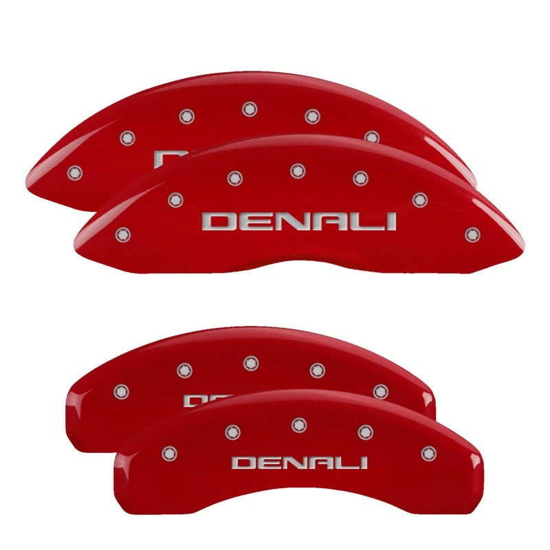 MGP 34217SDNLRD 4 Caliper Covers Engraved Front & Rear Denali Red Finish Silver Char 2019 GMC Sierra 1500