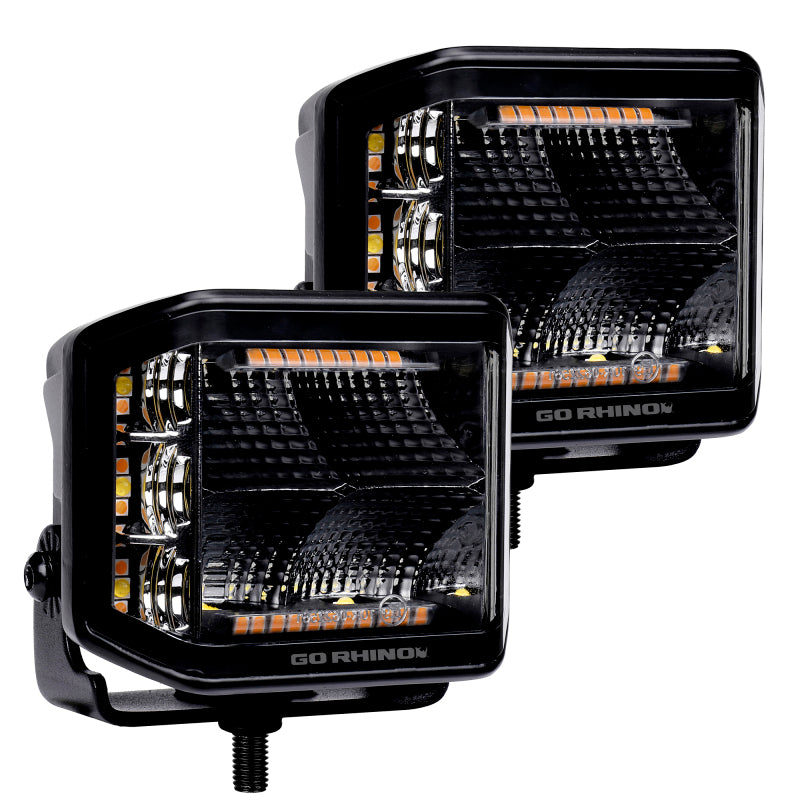 Go Rhino 750700322FCS Xplor Blackout Combo Series Cube Sideline LED Flood Lights w/Amber 4x3 - Blk (Pair)