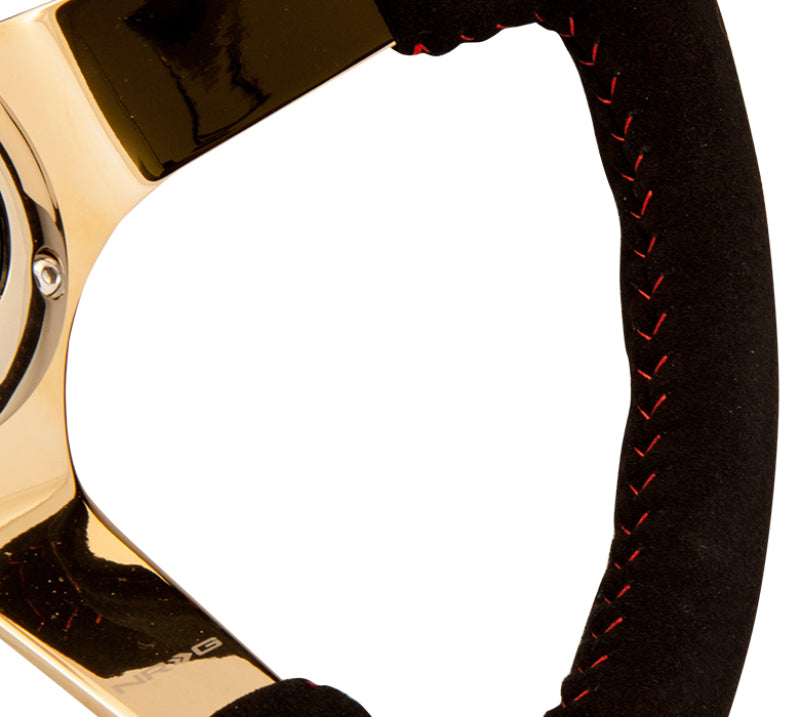 NRG RST-036GD-S Reinforced Steering Wheel (350mm / 3in. Deep) Blk Suede w/Red BBall Stitch & Chrome Gold 3-Spoke