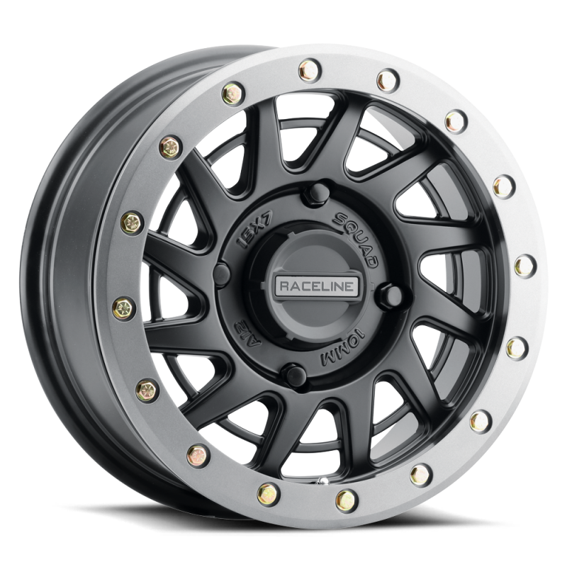 Raceline A12BG-57037+38 A12BG Squad 15x7in/4x137 BP/38mm Offset/110.18mm Bore - BLK & Gunmetal Ring Beadlock Wheel