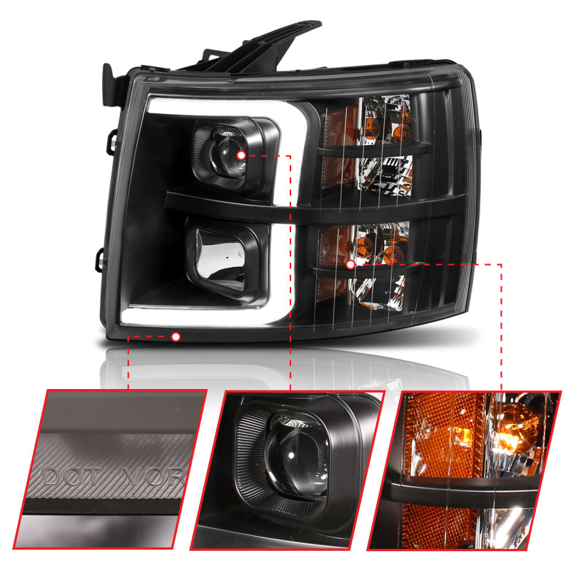 ANZO 111410 07-13 Chevrolet Silverado 1500 Plank Style Projector Headlights Black w/ Amber