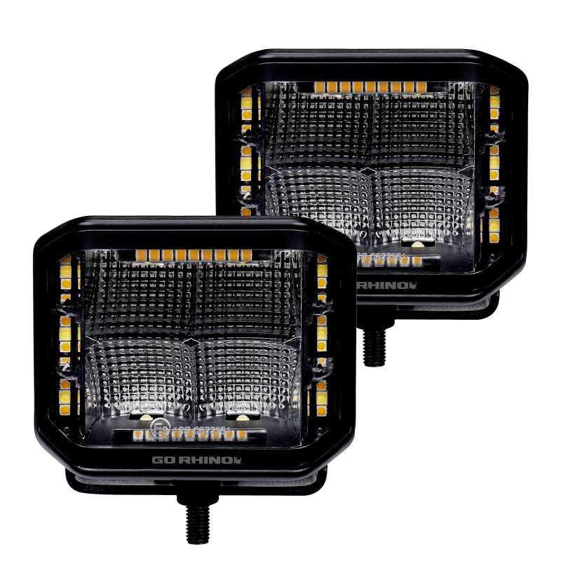 Go Rhino 750700322FCS Xplor Blackout Combo Series Cube Sideline LED Flood Lights w/Amber 4x3 - Blk (Pair)