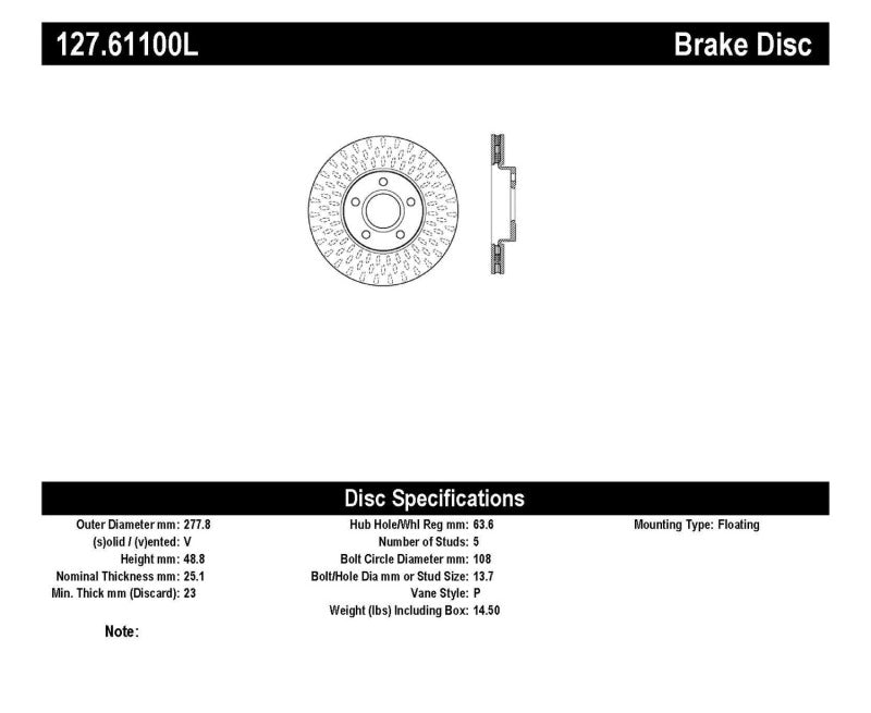 Stoptech 127.61100L StopTech Slotted & Drilled Sport Brake Rotor