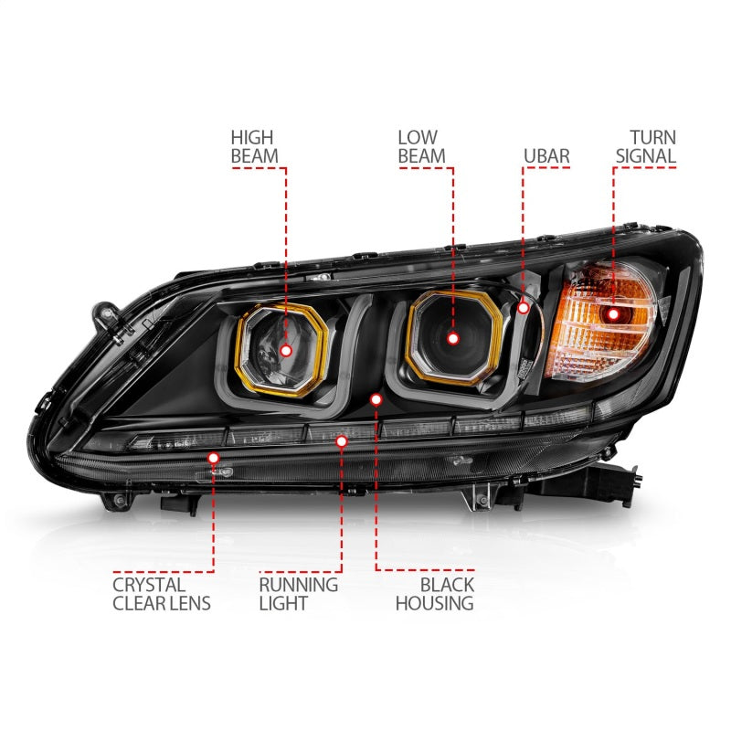 ANZO 121492 2013-2015 Honda Accord (4dr ONLY) Projector Headlights w/ U-Bar Black