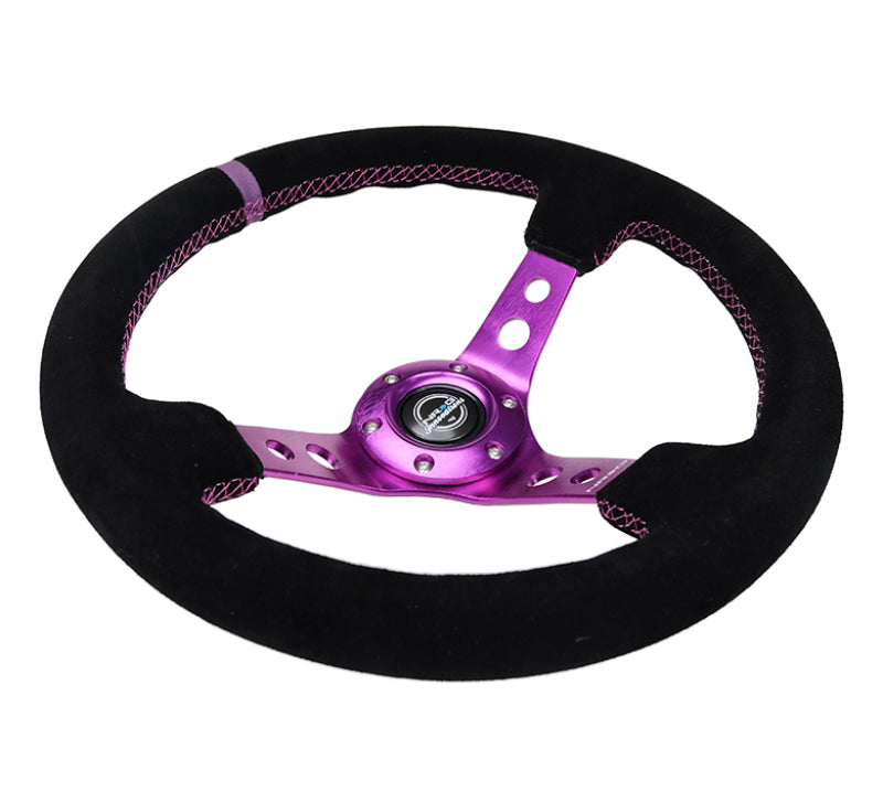 NRG RST-006S-PP Reinforced Steering Wheel (350mm / 3in. Deep) Black Suede w/Purple Center & Purple Stitching