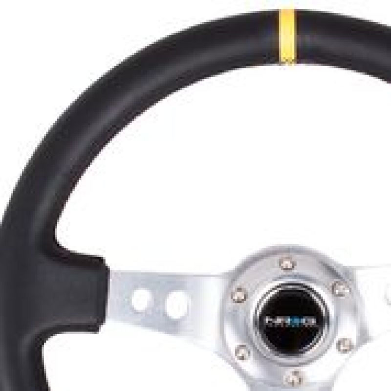 NRG RST-006SL-Y Reinforced Steering Wheel (350mm / 3in. Deep) Blk Leather w/Circle Cut Spokes & Single Yellow CM