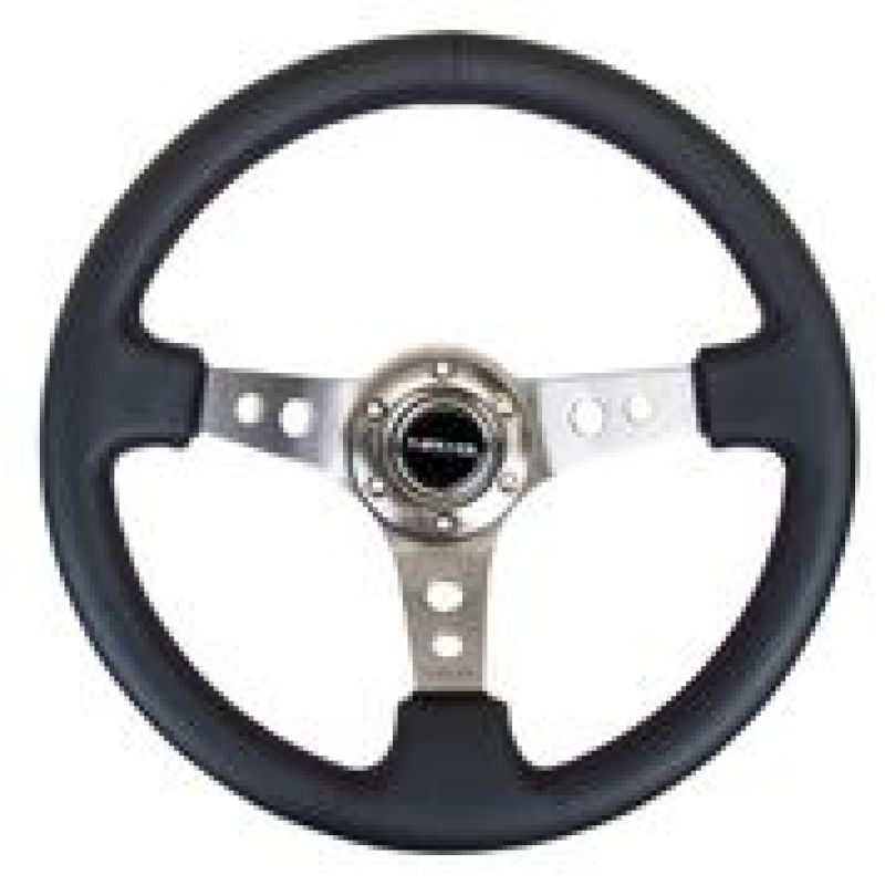 NRG RST-006GM Reinforced Steering Wheel (350mm / 3in. Deep) Blk Leather w/Gunmetal Circle Cutout Spokes