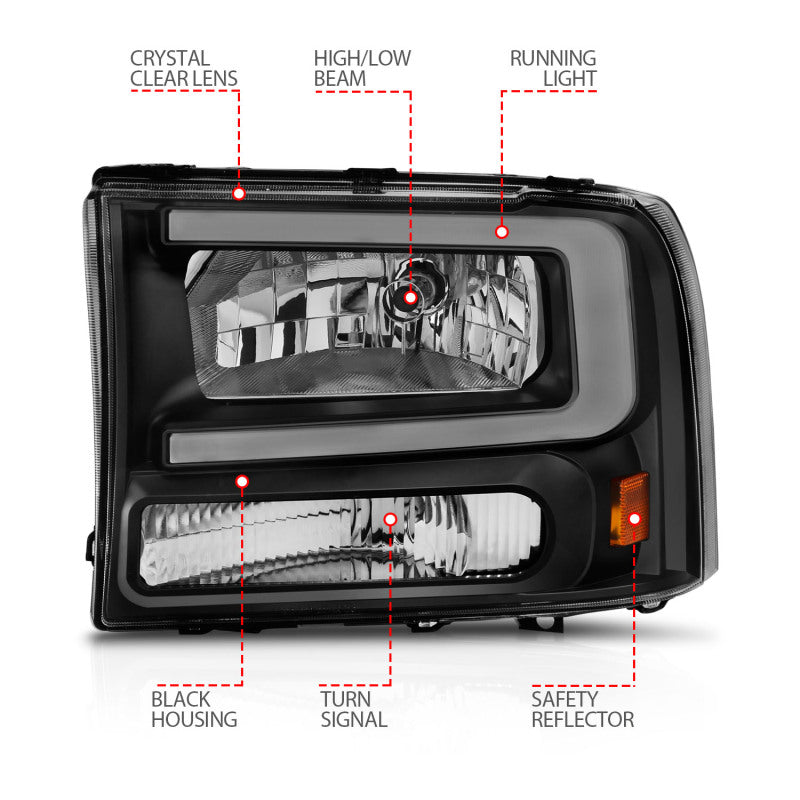 ANZO 111549 99-04 Ford F250/F350/F450/Excursion (excl. 99) Crystal Headlights - w/ Light Bar Black Housing
