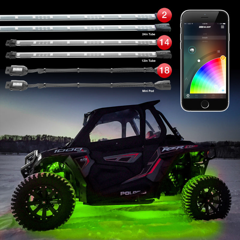 XKGLOW XK-UTV-ADV XK Glow Tube + 18xPods Million Color XKCHROME App Controlled Offroad UTV Kit 2x24In Tube + 14x12In