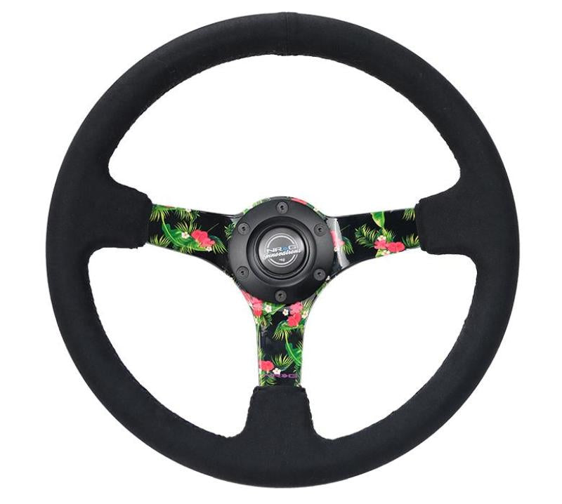 NRG RST-036TROP-S Reinforced Steering Wheel (350mm / 3in. Deep) Black Suede w/ 5mm Floral 3-Spoke Center
