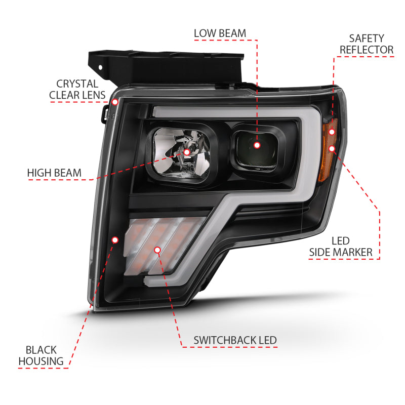 ANZO 111469 2009-2013 Ford F-150 Projector Light Bar G4 Switchback Headlights Black Amber