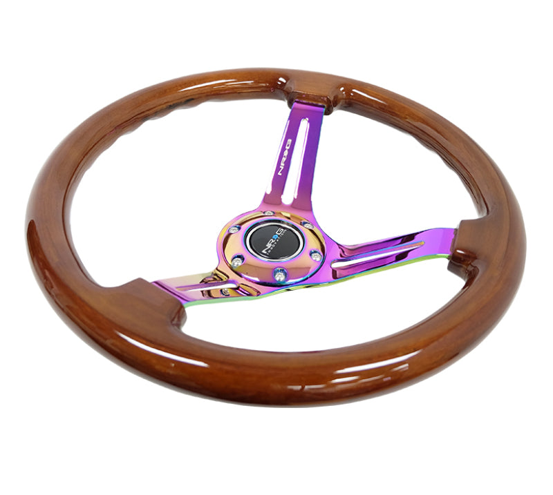 NRG RST-018BR-MC Reinforced Steering Wheel (350mm / 3in. Deep) Brown Wood w/Blk Matte Spoke/Neochrome Center Mark