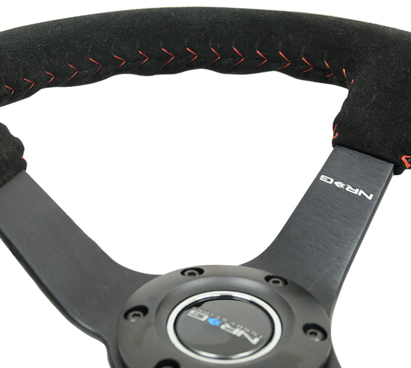 NRG RST-036MB-S-RD Reinforced Steering Wheel (350mm / 3in. Deep) Blk Suede/Red BBall Stitch w/5mm Matte Blk Spokes