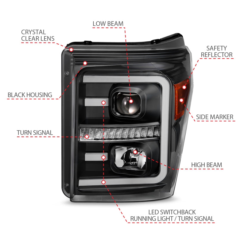ANZO 111406 2011-2016 Ford F250 Projector Headlights w/ Plank Style Switchback Black w/ Amber