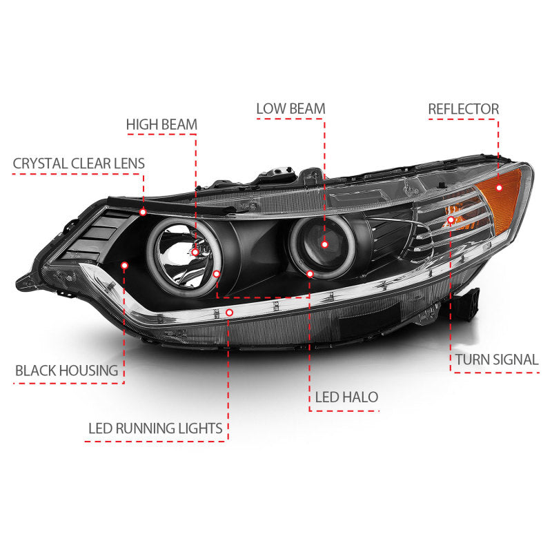 ANZO 121393 2009-2012 Acura TSX Projector Headlights w/ Halo Black (CCFL) (HID Compatible)
