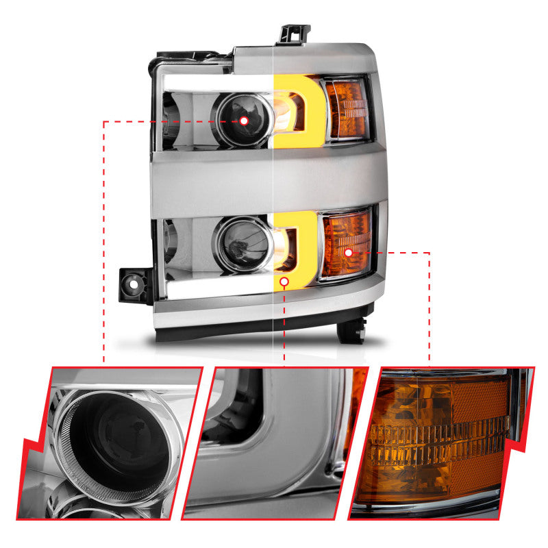 ANZO 111366 Projector Headlights 15-17 Chevrolet Silverado 2500HD / 3500HD Chrome w/ Chrome Rim