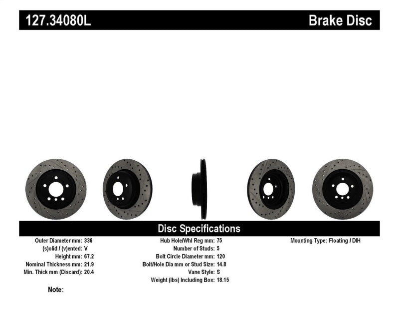 Stoptech 127.34080L StopTech 06 BMW 330 / 07-09 BMW 335 Slotted & Drilled Left Rear Rotor