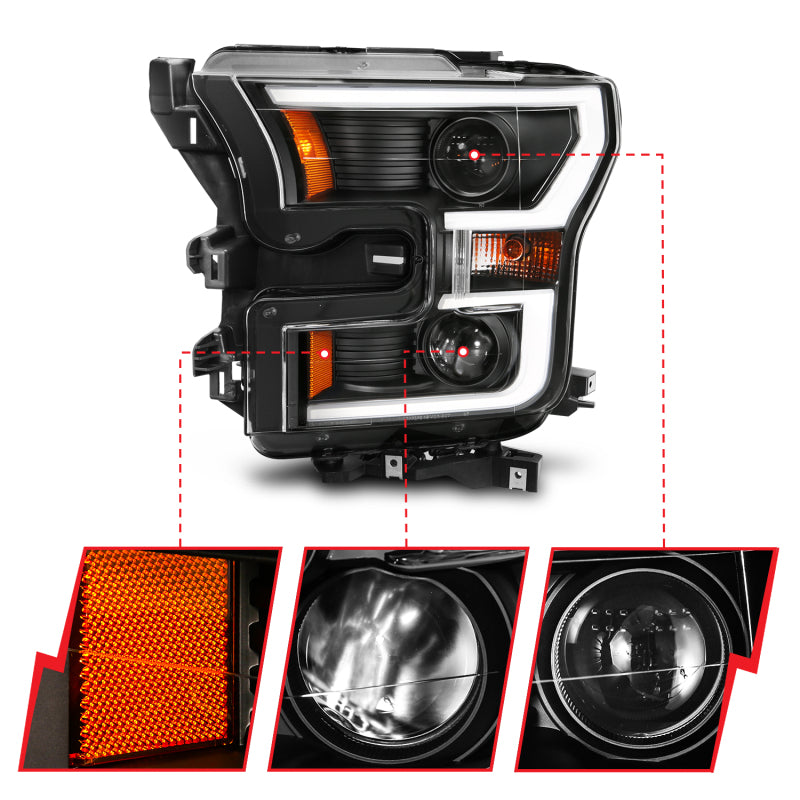 ANZO 111357 2015-2017 Ford F-150 Projector Headlights w/ Plank Style Switchback Black w/ Amber